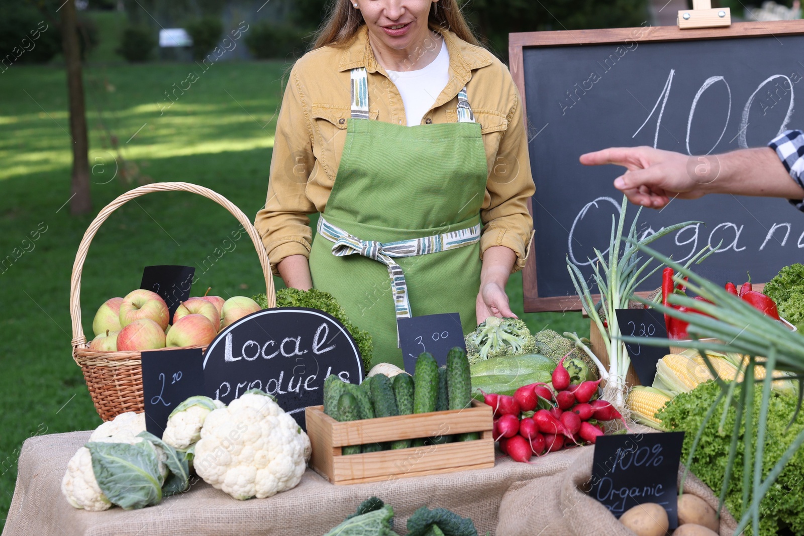 Photo of Man choosing fresh vegetables from stall at farmer's market, closeup