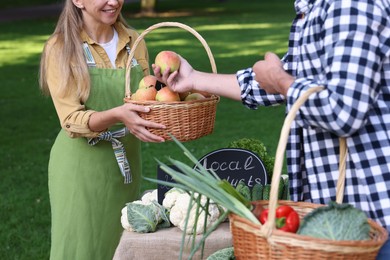 Photo of Man choosing fresh apples from stall with vegetables at farmer's market, closeup