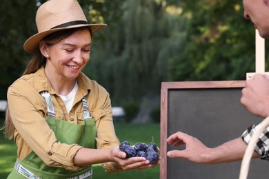 Photo of Man choosing fresh plums from stall with vegetables at farmer's market, closeup