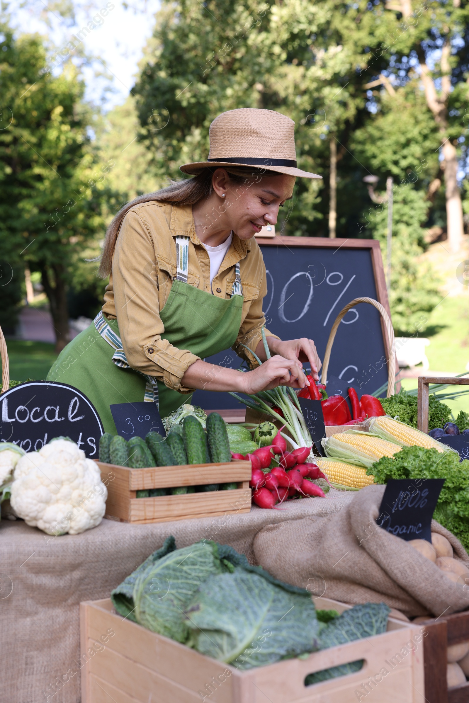 Photo of Happy farmer near stall with different fresh vegetables at market