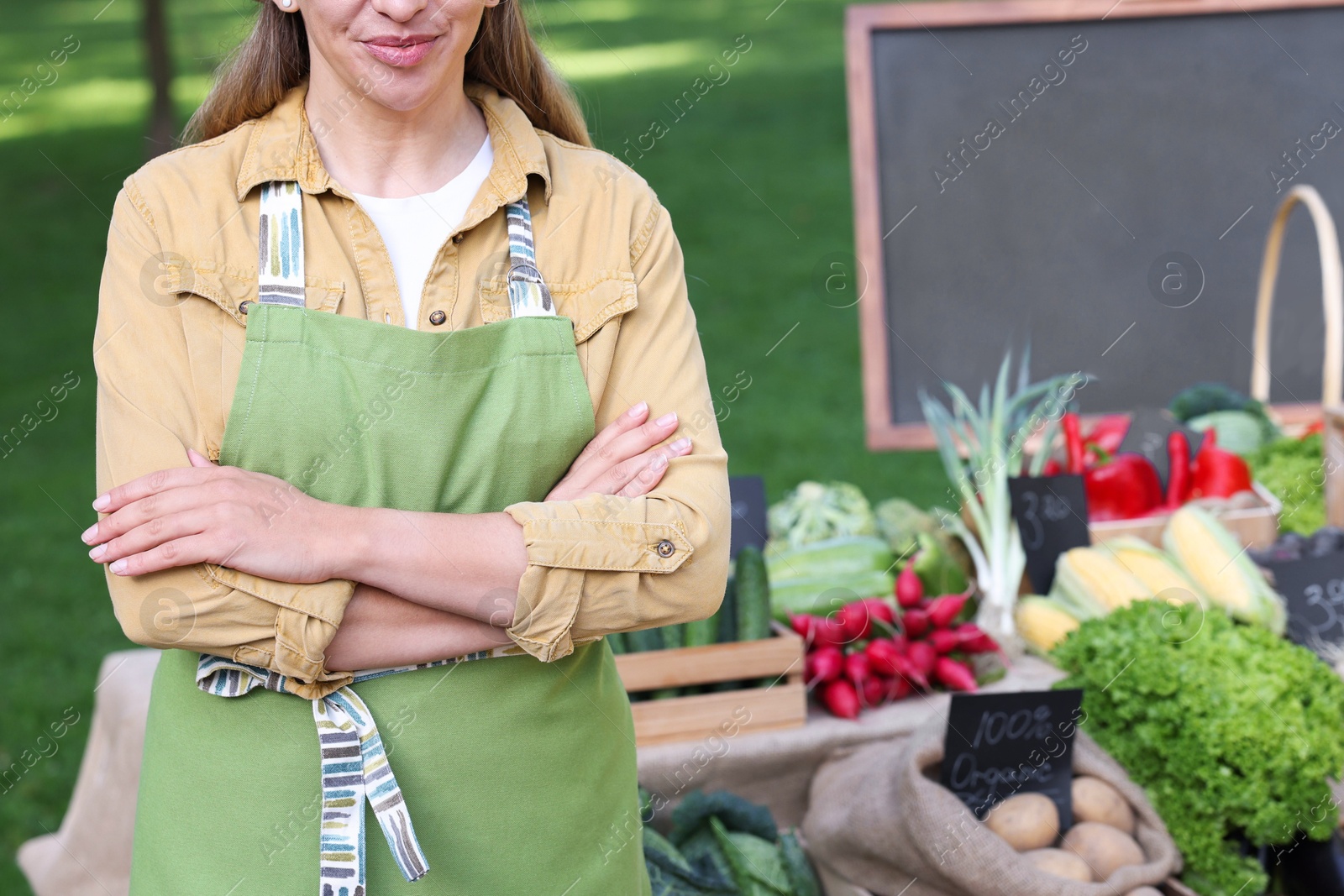 Photo of Farmer near stall with different fresh vegetables at market, closeup