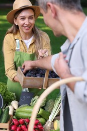 Photo of Man choosing fresh vegetables and plums from stall at farmer's market, closeup