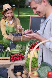 Photo of Man choosing fresh vegetables and plums from stall at farmer's market