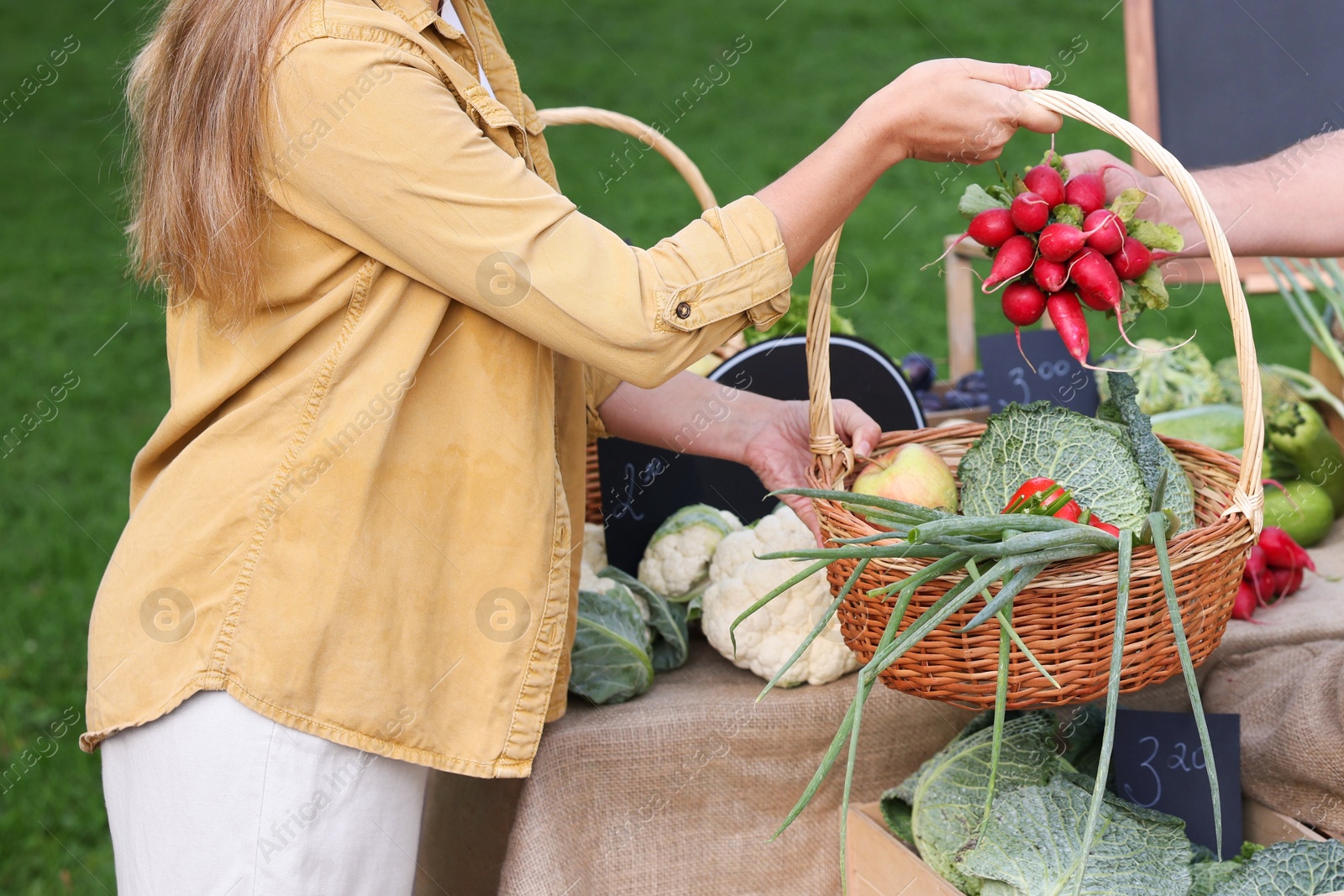 Photo of Woman choosing fresh vegetables from stall at farmer's market, closeup