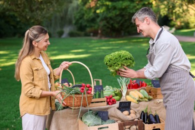 Photo of Woman choosing fresh vegetables from stall at farmer's market