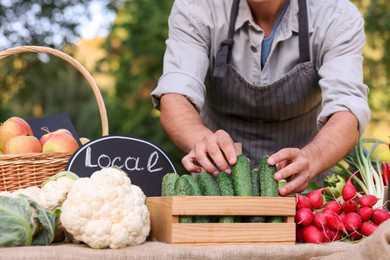 Photo of Farmer near stall with different fresh vegetables at market, closeup