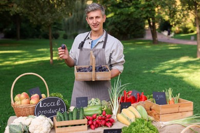 Photo of Happy farmer with basket of plums near stall with different fresh vegetables at market