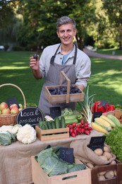 Photo of Happy farmer with basket of plums near stall with different fresh vegetables at market
