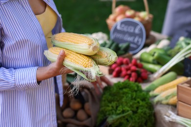 Photo of Woman choosing fresh vegetables from stall at farmer's market, closeup