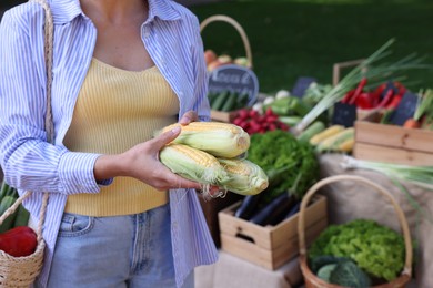 Photo of Woman choosing fresh vegetables from stall at farmer's market, closeup