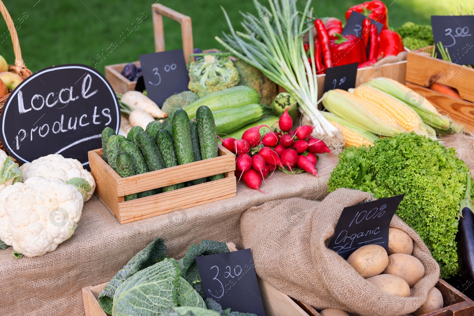 Photo of Many different vegetables on stall at farmer's market, closeup