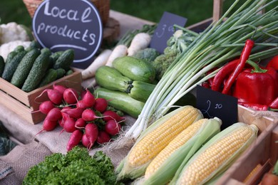 Photo of Many different vegetables on stall at farmer's market, closeup
