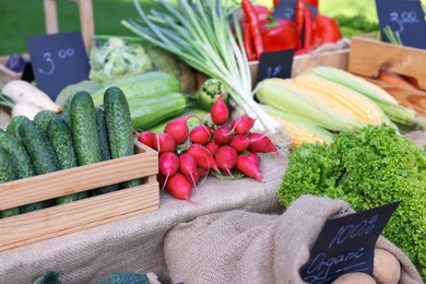 Photo of Many different vegetables on stall at farmer's market, closeup
