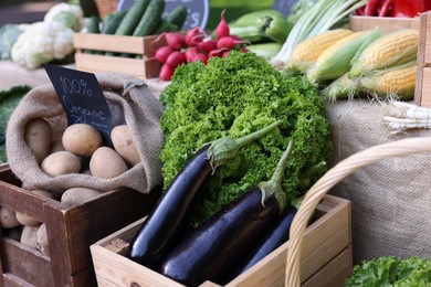 Photo of Many different vegetables on stall at farmer's market, closeup