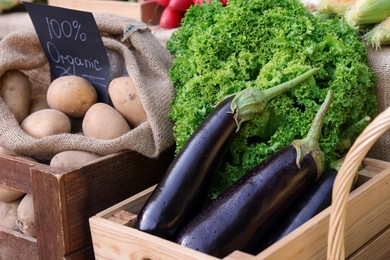 Photo of Many different vegetables on stall at farmer's market, closeup