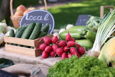 Photo of Many different vegetables on stall at farmer's market, closeup