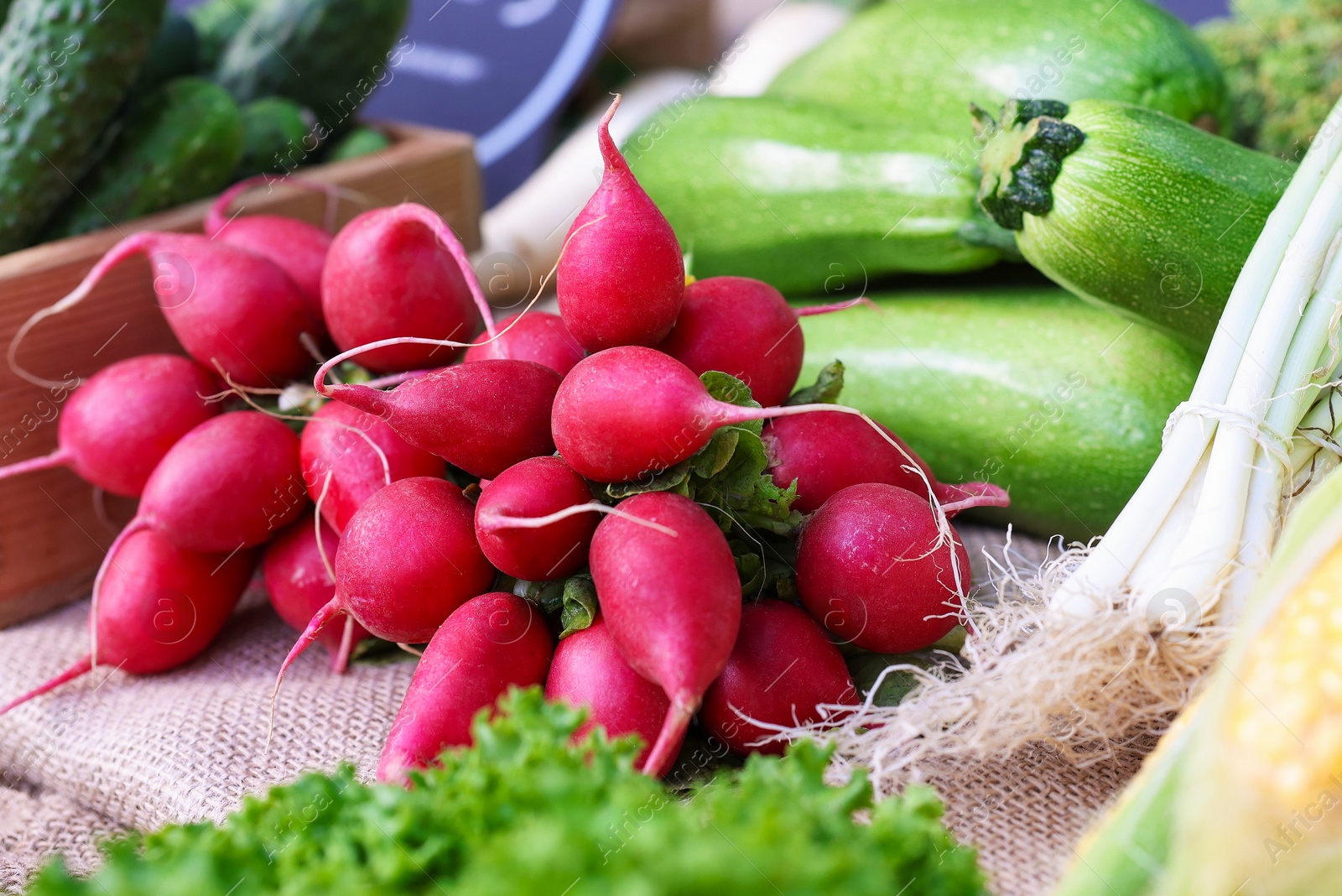 Photo of Many different vegetables on stall at farmer's market, closeup