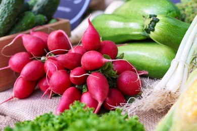 Photo of Many different vegetables on stall at farmer's market, closeup