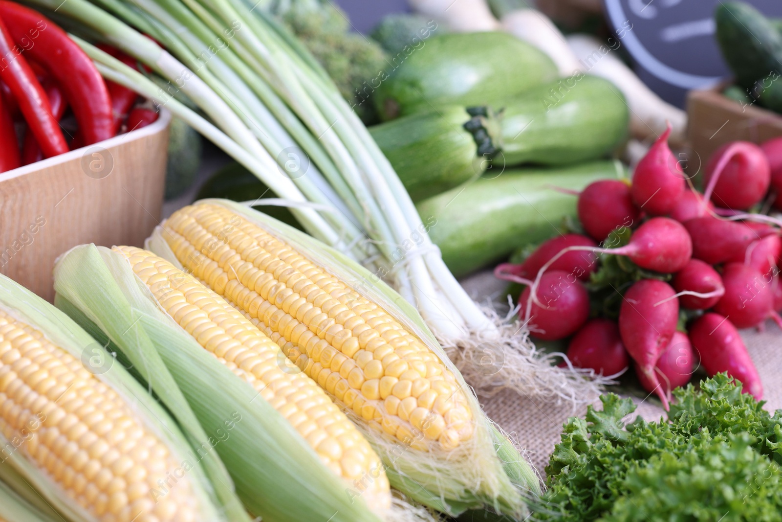 Photo of Many different vegetables on stall at farmer's market, closeup