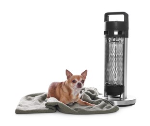 Photo of Cute little dog on blanket near electric heater against white background