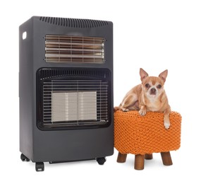 Photo of Cute little dog on pouf near electric heater against white background