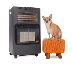 Photo of Cute little dog on pouf near electric heater against white background