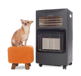 Photo of Cute little dog on pouf near electric heater against white background