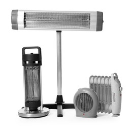 Photo of Different modern electric heaters isolated on white