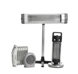Photo of Different modern electric heaters isolated on white