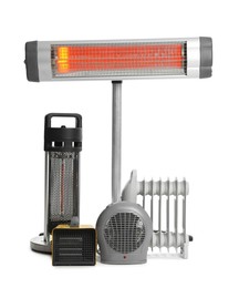 Photo of Different modern electric heaters isolated on white