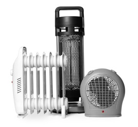 Photo of Different modern electric heaters isolated on white