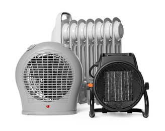 Photo of Different modern electric heaters isolated on white