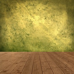 Image of Empty wooden floor and color textured wall. Space for design