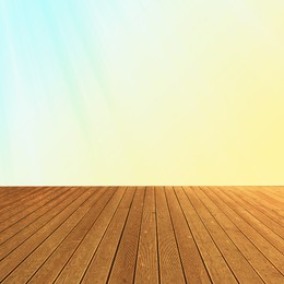 Image of Empty wooden floor and color gradient wall. Space for design