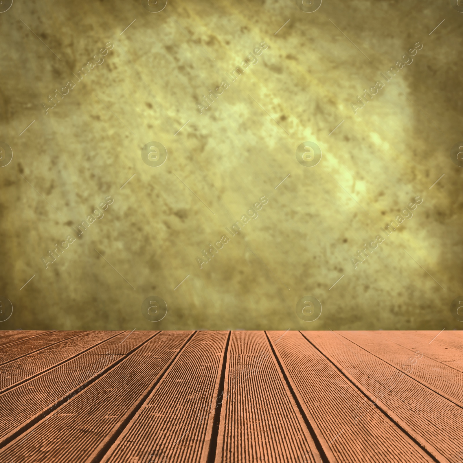 Image of Empty wooden floor and color textured wall. Space for design