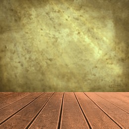 Image of Empty wooden floor and color textured wall. Space for design
