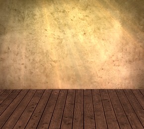 Image of Empty wooden floor and beige grey textured wall. Space for design