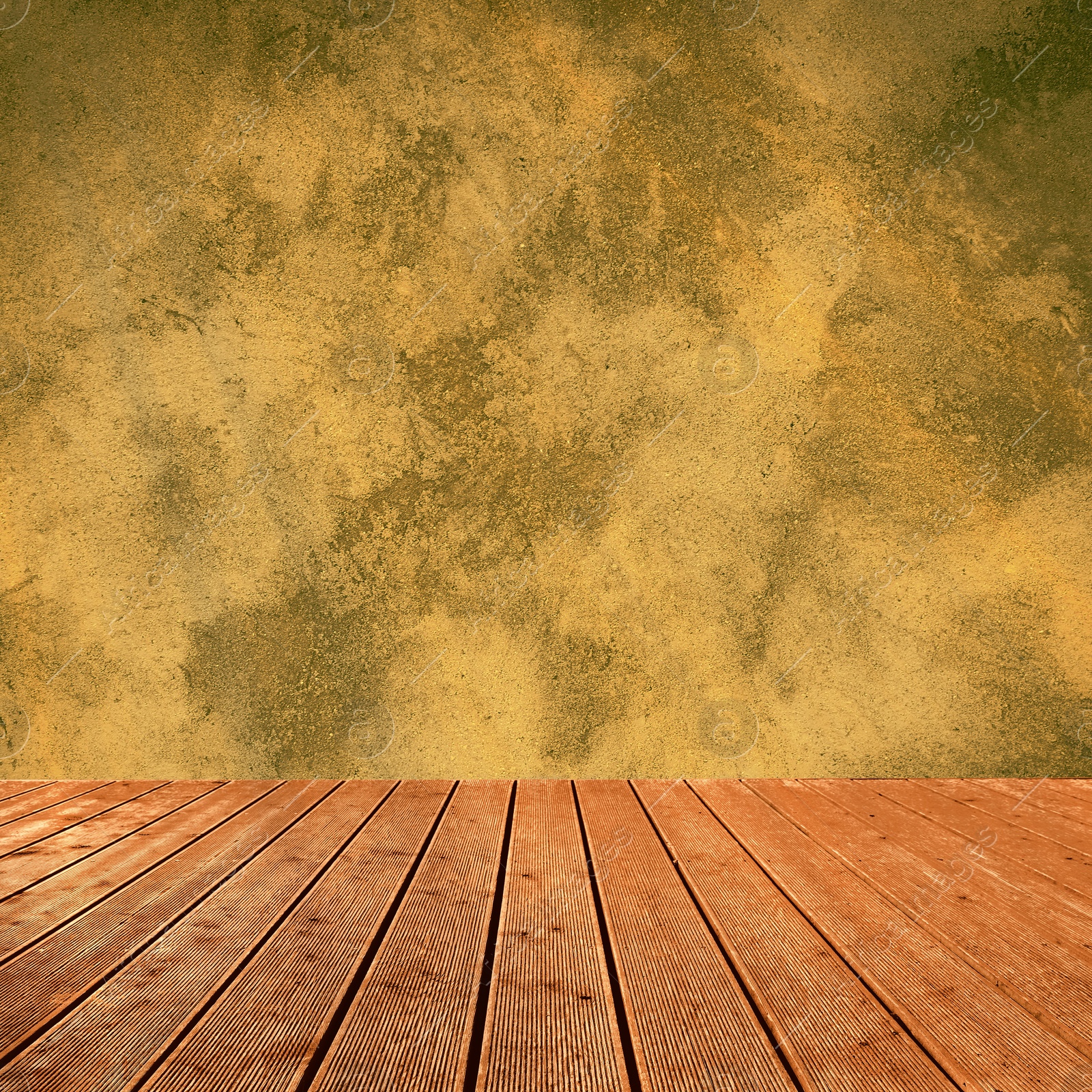 Image of Empty wooden floor and color textured wall. Space for design