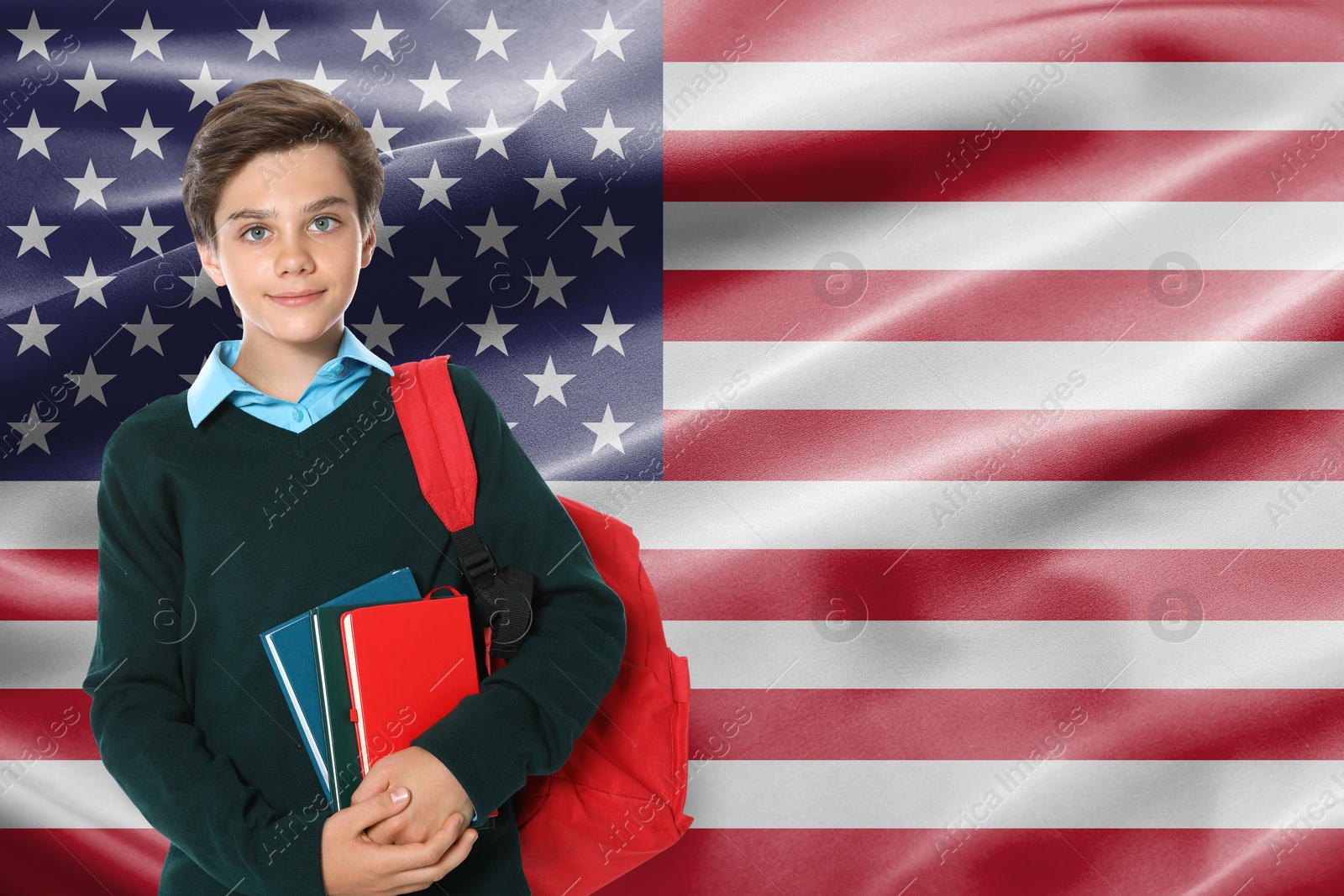 Image of Student with backpack and notebooks against flag of USA. Language school