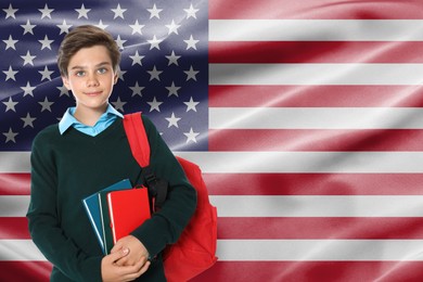 Image of Student with backpack and notebooks against flag of USA. Language school