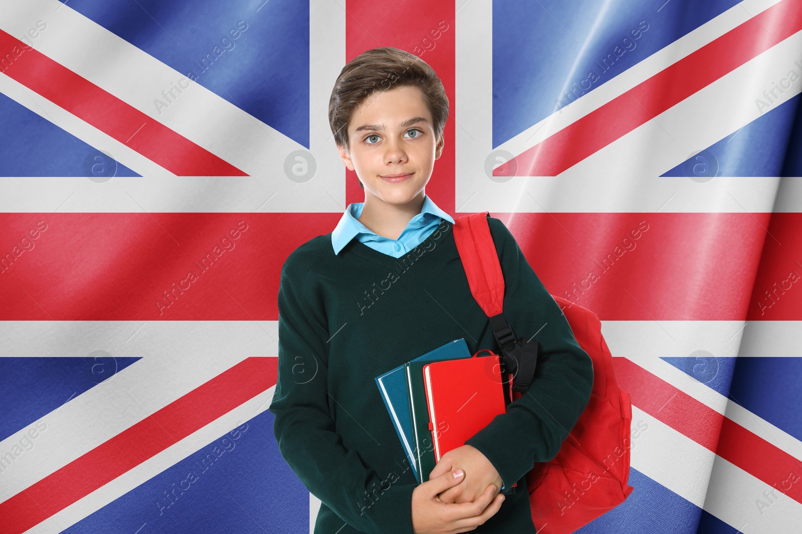 Image of Student with backpack and notebooks against flag of United Kingdom. Language school