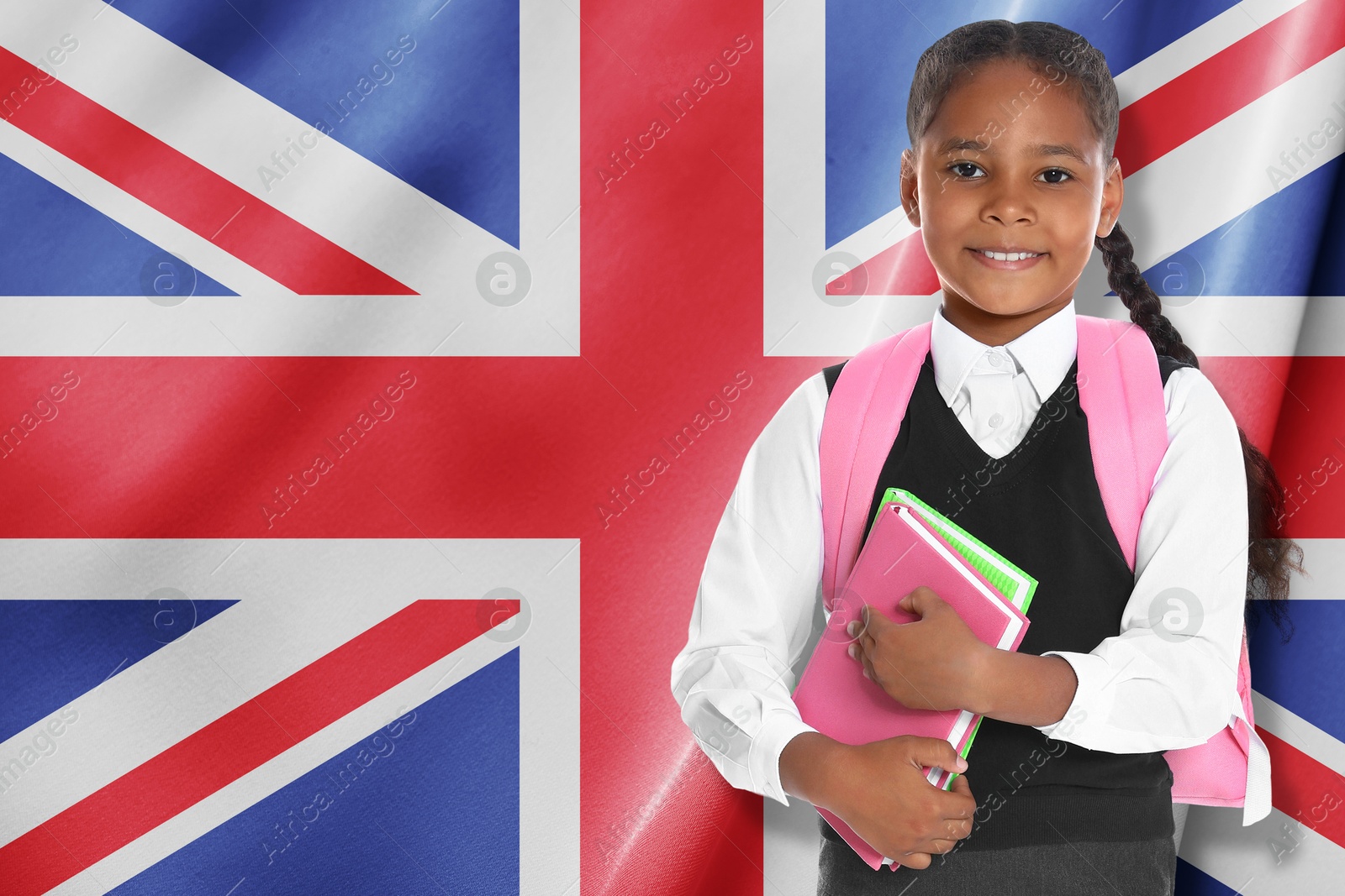 Image of Little girl with backpack and notebooks against flag of United Kingdom. Language school
