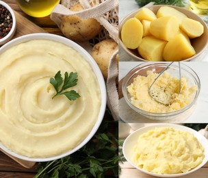 Image of Bland food taste. Boiled and mashed potatoes, collage