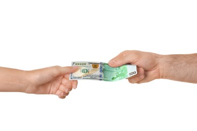 Image of Money exchange. Man and woman holding banknote against white background, closeup. Bill changing from dollar to euro