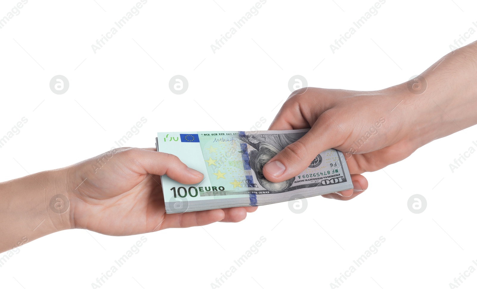 Image of Money exchange. Man and woman holding banknotes against white background, closeup. Upper bill changing from dollar to euro