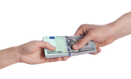 Image of Money exchange. Man and woman holding banknotes against white background, closeup. Upper bill changing from dollar to euro