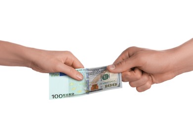 Image of Money exchange. Man and woman holding banknote against white background, closeup. Bill changing from dollar to euro