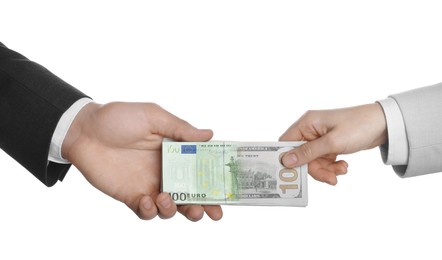Image of Money exchange. Man and woman holding banknotes against white background, closeup. Upper bill changing from dollar to euro