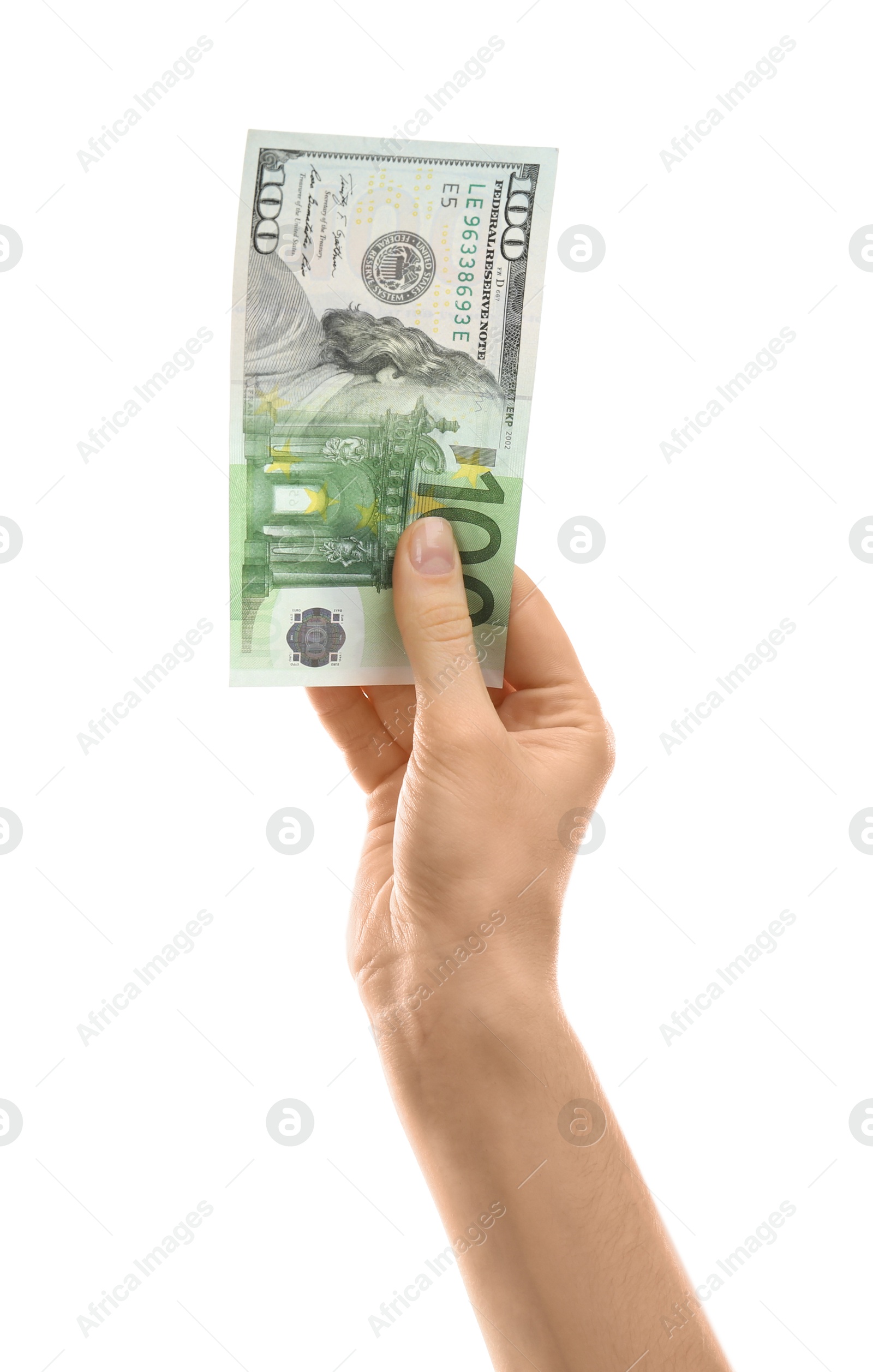 Image of Money exchange. Woman holding banknote against white background, closeup. Bill changing from dollar to euro