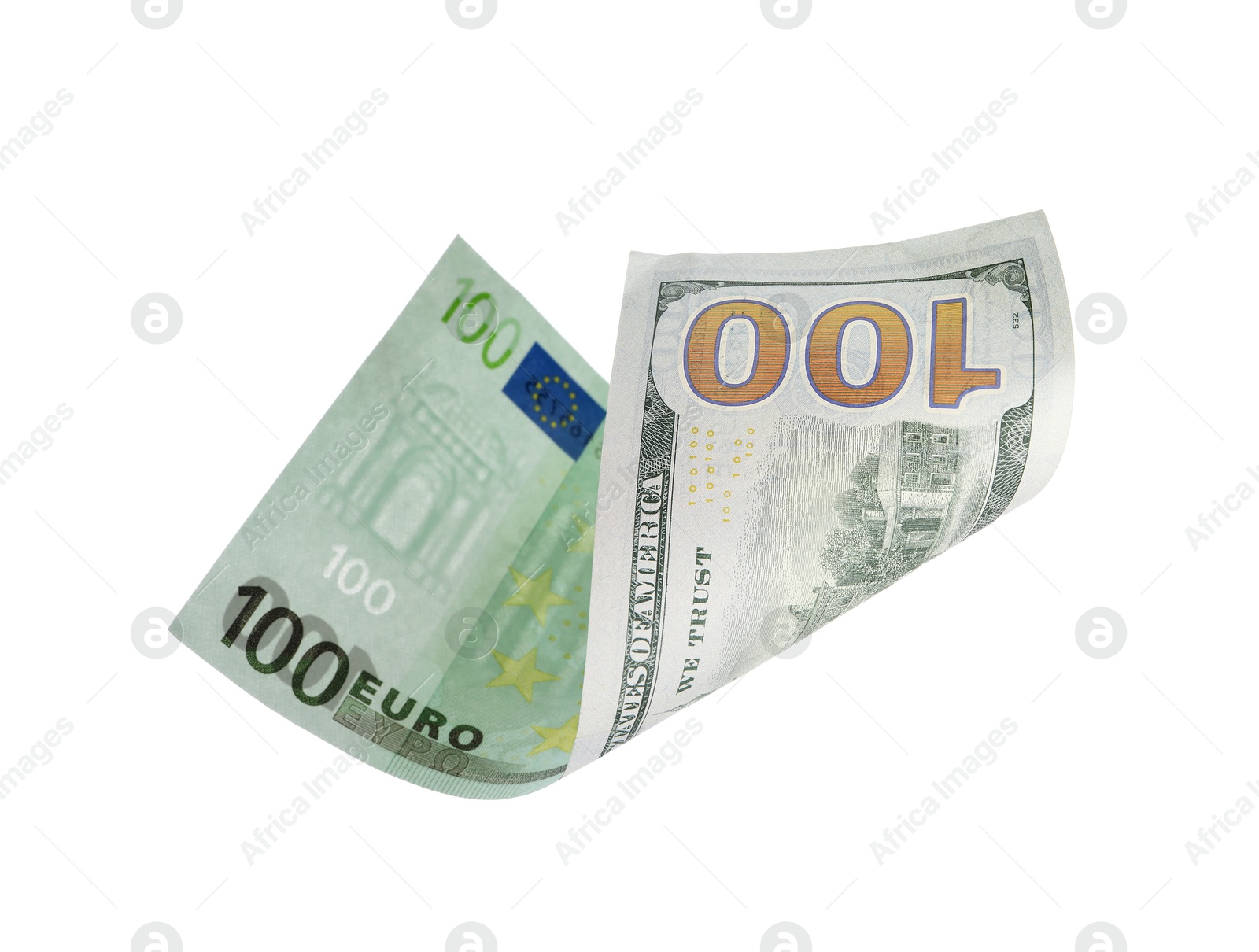 Image of Money exchange. Euro banknote on one side and dollar on other against white background